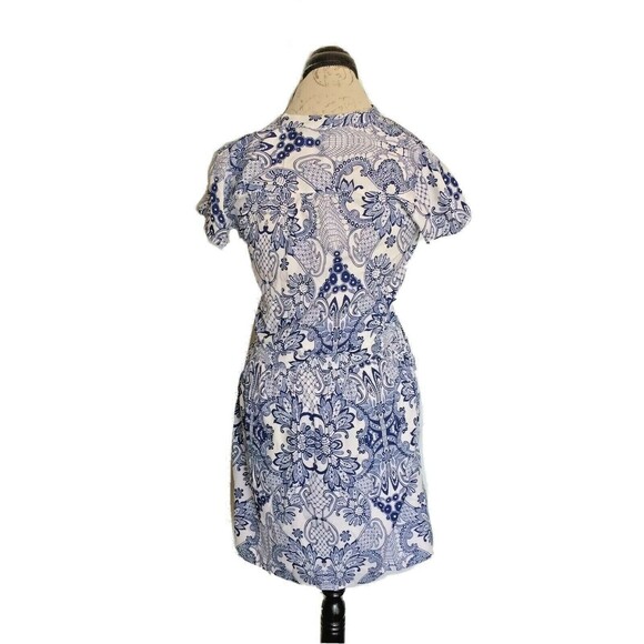 Atmosphere Women  Dress Size 4 Blue White Cap Sleeve Button Half Way Front Tied - Picture 3 of 12